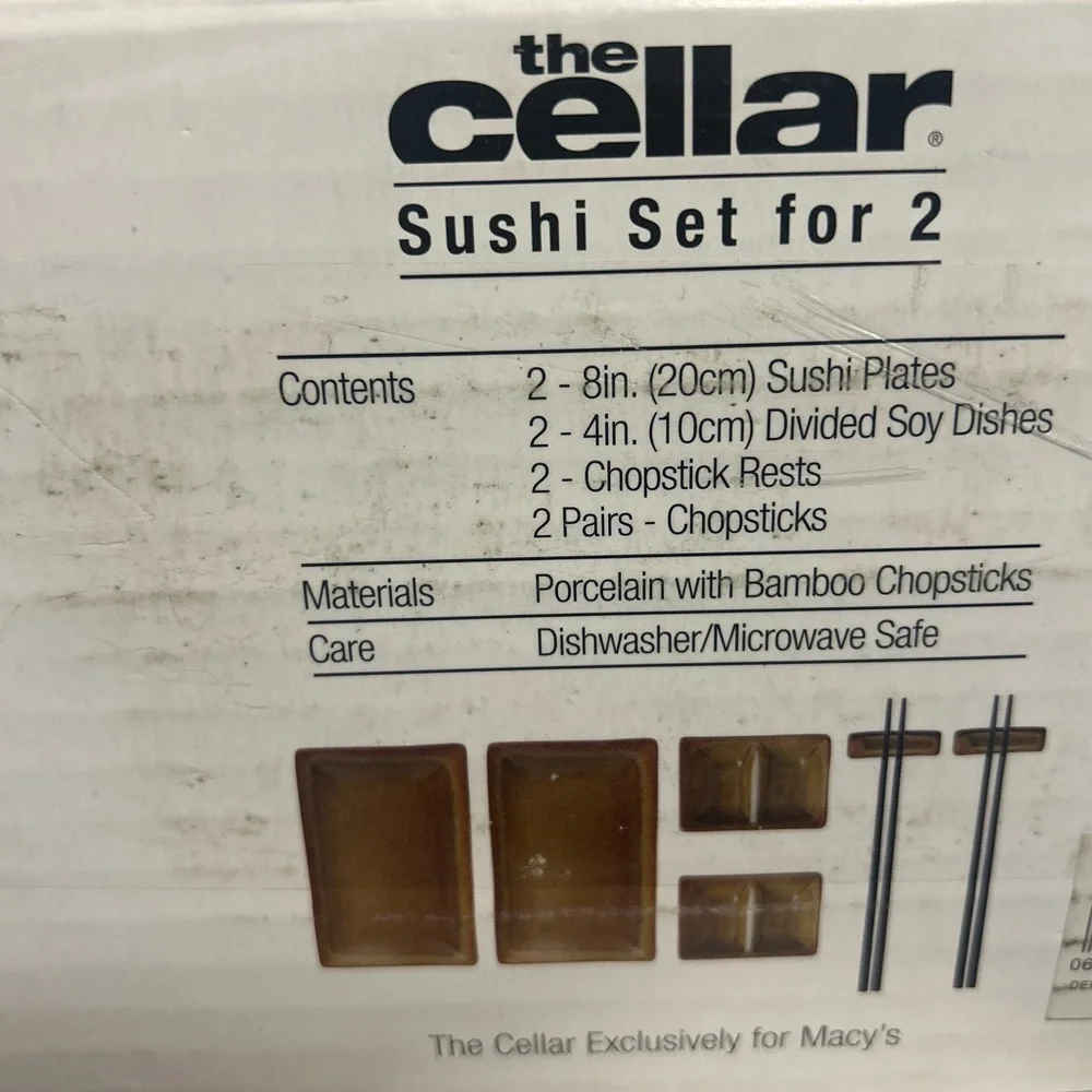 NWT The Cellar Set of Two Brown and Yellow Sushi Plates with Chopsticks